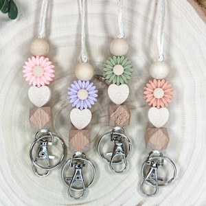 Lanyard | Teacher, Nurse, Student | Silicone Daisy, Heart, & Wood Beads | Breakaway Clasp Lanyard | Beaded Boho Lanyard