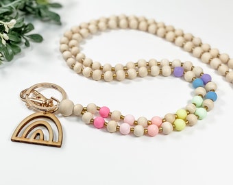 Boho Rainbow Pastel Wooden Bead Lanyard | Teacher, Nurse, Student | Wood Beaded Breakaway Clasp Lanyard