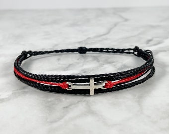 Thin Red Line with Christain Cross Charm Adjustable Bracelet, Firefighter Gift, Heroes, Firefighter Chaplain, Wife, Family, First Responder