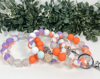 Silicone Bead Wristlet | Purple-Orange Tie Dye & Confetti Bead Keychain | Stretchy Elastic | Boho Key Ring Bracelet | Lobster Claw Clasp