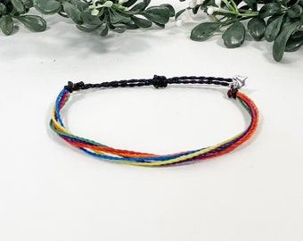 Rainbow Pride Multi-Strand Adjustable Wax Cord Waterproof Bracelet | Rainbow String Jewelry | Unisex Friendship Bracelet