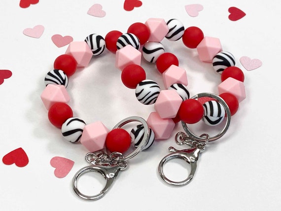 Valentine's Day Silicone Bead Wristlet Stretchy Elastic Keychain Bracelet  Zebra Print Lobster Claw Clasp Gift for Her Mom Bangle 