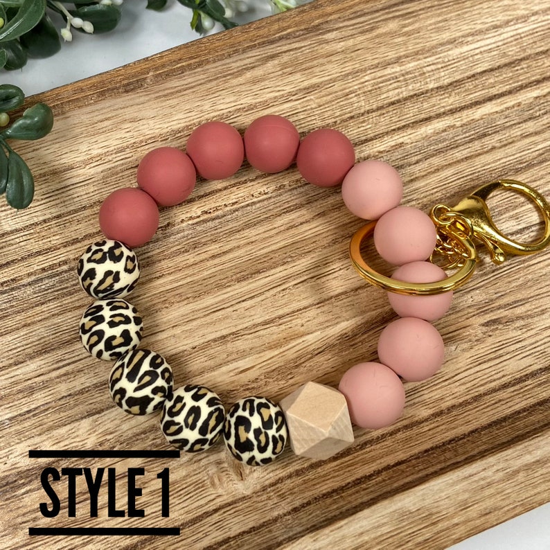Silicone Beaded Wristlet Leopard Print Maroon and Peach Stretchy Elastic Boho Keychain Bracelet Swivel Lobster Claw Clasp image 2