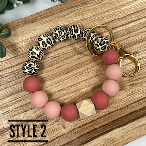 Silicone Beaded Wristlet Leopard Print Maroon and Peach Stretchy Elastic Boho Keychain Bracelet Swivel Lobster Claw Clasp image 3