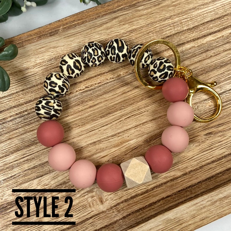 Silicone Beaded Wristlet Leopard Print Maroon and Peach Stretchy Elastic Boho Keychain Bracelet Swivel Lobster Claw Clasp image 3