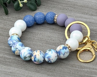 Beaded Wristlet Keychain - Silicone Bead Bracelet - Blue Iris Floral - Boho Key Ring for Mom -New Driver Gift - Clip On Purse or Diaper Bag