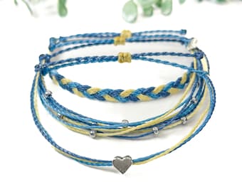 Down Syndrome Awareness Friendship Bracelets, Adjustable Waterproof Cords,  Minimalist Stackable Wax String, Blue and Yellow