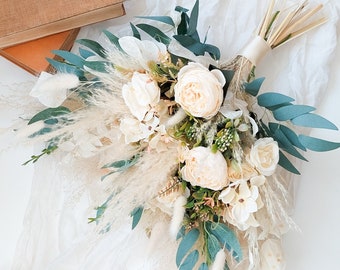 Neutral White Boho wedding bouquet bridal flowers pampas summer set bridesmaids groom boutonniere faux dry dried flowers eucalyptus