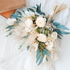 Neutral White Boho wedding bouquet bridal flowers pampas summer set bridesmaids groom boutonniere faux dry dried flowers eucalyptus