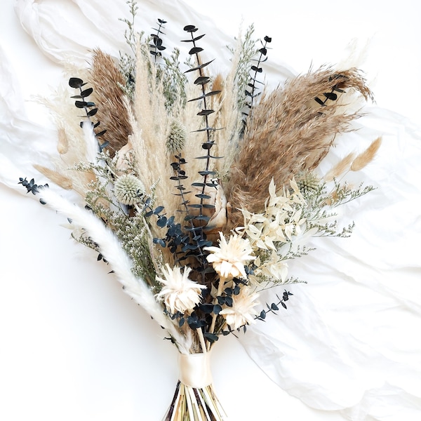 Neutral White eucalyptus bouquet dried flower Boho wedding bridal flowers pampas grass wildflowers set bridesmaids groom boutonniere dry