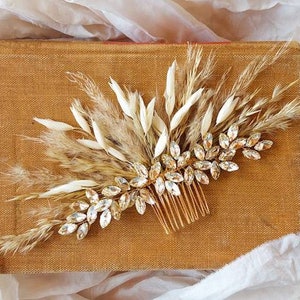 Gold dried Pampas rhinestone crystal hair comb accessories wedding bridal bride updo hairpiece boho rustic accessory headpiece dried flowers image 3