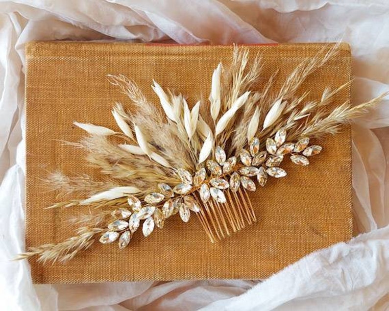 Gold dried Pampas rhinestone crystal hair comb accessories wedding bridal bride updo hairpiece boho rustic accessory headpiece dried flowers image 3