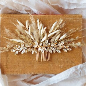 Gold dried Pampas rhinestone crystal hair comb accessories wedding bridal bride updo hairpiece boho rustic accessory headpiece dried flowers image 1