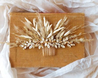 Gold dried Pampas rhinestone crystal hair comb accessories wedding bridal bride updo hairpiece boho rustic accessory headpiece dried flowers