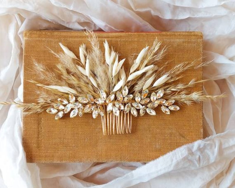 Gold dried Pampas rhinestone crystal hair comb accessories wedding bridal bride updo hairpiece boho rustic accessory headpiece dried flowers image 1