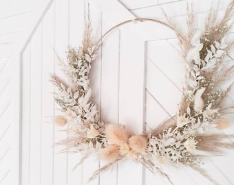 Dried Flower Wreath, Gold hoop wreath, white, indoor wreath, boho wall decor accent, Pampas Grass, bleached ruscus, dried flowers, hygge