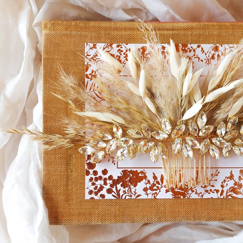Gold dried Pampas rhinestone crystal hair comb accessories wedding bridal bride updo hairpiece boho rustic accessory headpiece dried flowers image 2