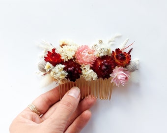 Burgundy Dried Flower Hair Comb Bride, Bridal, wedding hair, flowers, headpiece, bridesmaids, Boho, pampas, neutral, hair accessory, red