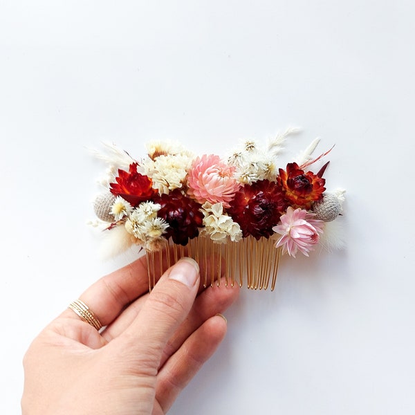 Burgundy Dried Flower Hair Comb Bride, Bridal, wedding hair, flowers, headpiece, bridesmaids, Boho, pampas, neutral, hair accessory, red