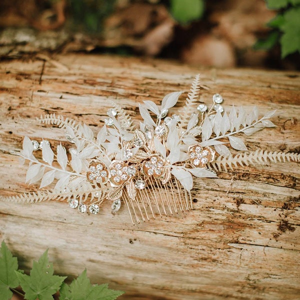 Hair comb set, white, gold, bridal, wedding, hairpiece, bleached ruscus, dried flowers, bride, headpiece, accent, adornment, hair pin, bobby