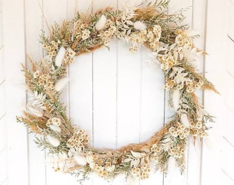 White & beige Wild Flower Wreath, dried flower wreath, indoor wreath, boho wall decor accent, pampas grass, bleached ruscus, hygge decor