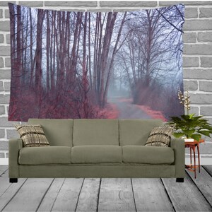 Foggy Autumn Forest Path Tapestry, Scenic Home Decor