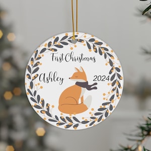 Baby First Christmas Personalized Christmas Tree Ornament Gift Name Round Family Keepsake Kids Gift Merry Christmas Orange Fox Grey Wreath