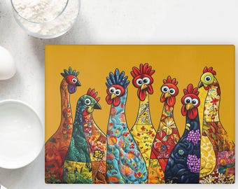Colorful Chickens Tempered Glass Cutting Board, Bright Farmhouse Decor, Funny Hens