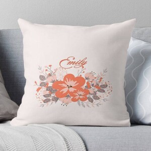 Custom Name or Monogram Decorative Throw Pillow Cover or Shams, Pink, Coral, Square, Rectangular, Girl, Indoors, Outdoors, Gift, Flowers