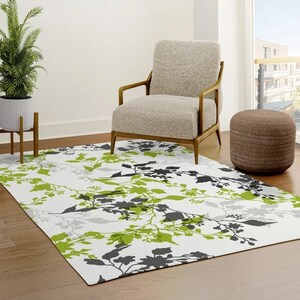 Green & Gray Branches Chenille Area Rug, Boho Dorm Decor