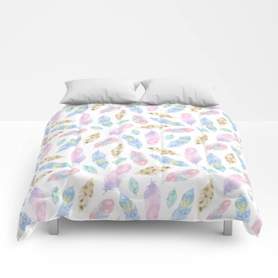 Pink And Blue Feathers Duvet Cover Or Comforter Bedroom Etsy