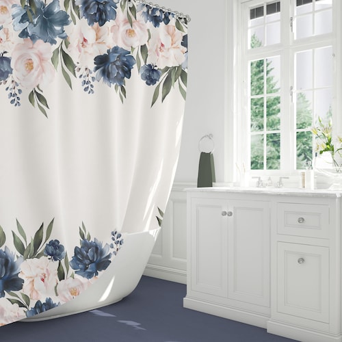 Pink and Navy Floral Shower Curtain Etsy