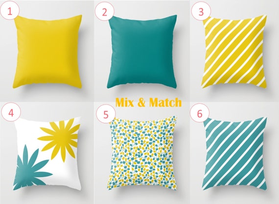 Decorative Throw Pillow Cover Yellow Teal Mix Match
