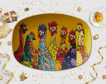 Colorful Chickens Platter, Autumn Table Decor, Farmhouse Style, Funny Roosters and Hens
