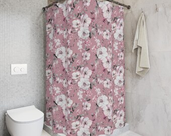 Watercolor Floral Shower Curtain, Pink and Gray Flowers, Boho Bathroom Decor