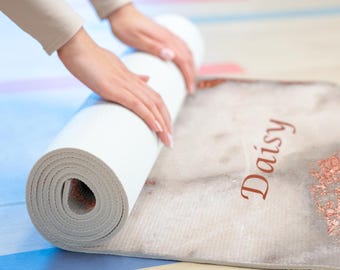 Rose Gold Abstract Marble Personalized Yoga Mat, Custom Name on Sport Mat