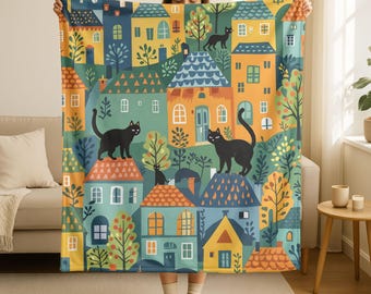 Black Cats on the Houses Roof Velveteen Plush Throw Blanket, Colorful Farmhouse Decor
