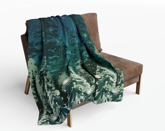 Starry Night Pine Forest Arctic Fleece Throw Blanket, Dark Green Cabin Decor