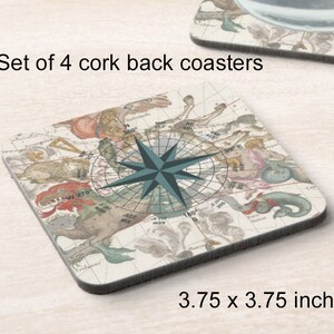 May include: Set of four cork-backed coasters featuring a vintage nautical map design with a compass rose in the center. Each coaster measures 3.75 inches by 3.75 inches.