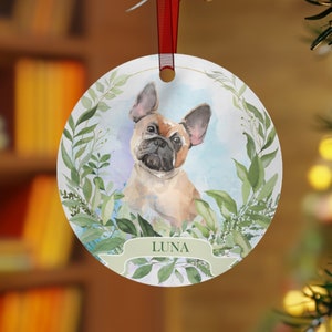 Dog Portrait Watercolor from Photo Personalized Double-sided Christmas Tree Metal Ornament Dog Lover Gift Keepsake Present Round Oval