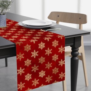 Snowflakes in Red and Faux Golden Table Runner Christmas Name Monogram Gift Family Dorm Traditional Seasonal