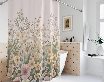 Pastel Flowers Shower Curtain, Floral Botanical, Daisy Meadow, Neutral Cottagecore Design