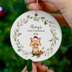 Baby&#39;s First Christmas Ornament Fox Wreath Personalized Double-sided Christmas Housewarming Gift for Boy Family Keepsake Present Holidays