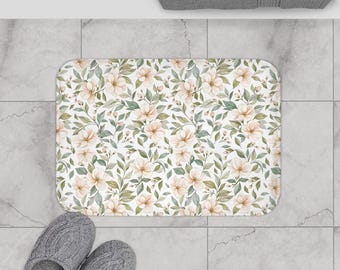 Magnolia Flowers Memory Foam Bath Mat, Boho Botanical Bathroom Decor