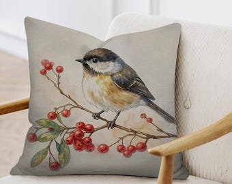 Bird and Red Berries Woven Decorative Throw Pillow, Boho Nature Cushion, Sewn with Insert