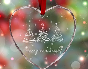 Personalized Engraved Crystal Glass Tree Ornament, Merry and Bright Christmas, Family Keepsake