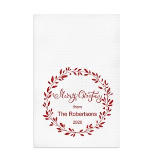 Christmas Dish Towel -  16 by 25 inches, Housewarming gift, Family, Woman, Holidays, Gift, Seasonal, Classic, Red Leaves, White, Wreath
