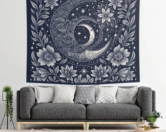Moon and Flowers Garden Tapestry, Bohemian Celestial Wall Hanging