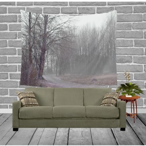 Foggy Forest Tapestry, Scenic Morning Mist Wall Decor