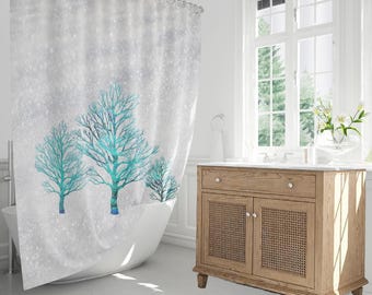Turquoise Winter Trees Shower Curtain, Abstract Nature Bathroom Decor (71x74 Inches)